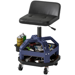 HOMCOM Rolling Creeper Garage Stool, 300 LBS Capacity Mechanic Stool with 360° Wheels, Tool Tray, Adjustable Height, Blue