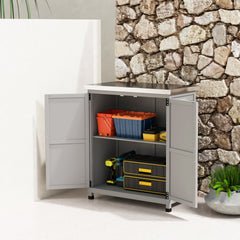 Outsunny Wooden Storage Cabinet, Outdoor Prep Table with Metal Tabletop, Shelves and Double Doors for Patio, Garden, Gray