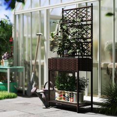 Outsunny Outdoor Wicker Planter with Trellis for Climbing Plants, Freestanding Rattan Garden Box with Storage Shelf, Brown