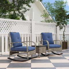Outsunny 3 Piece Wicker Patio Furniture Set, Outdoor PE Rattan Rocking Chairs with Coffee Table, Cushions for Porch, Gray