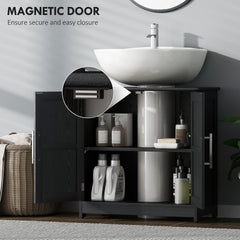 HOMCOM Farmhouse Pedestal Sink Storage Cabinet, Bathroom Sink Cabinet with 2 Barn Doors and Adjustable Shelf, Distressed Black