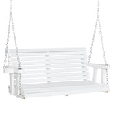 Outsunny 46" 2-Person Porch Swing Wooden Patio Swing Bench with Cup Holders, Slatted Design, Chains, 440lb Weight Capacity, White