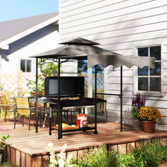 Outsunny 8' x 7.6' Outdoor Grill Gazebo, Barbecue Gazebo Shelter with Side Awning, 2 Side Shelves and 6 Hooks, Dark Gray