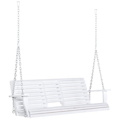 Outsunny 3-Seater Wooden Porch Swing, Patio Swing Bench with Folding Coffee Table, Cup Holders and Chains Included, 440lbs Weight Capacity, White