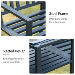 Outsunny Metal Garden Bench with Middle Table and Umbrella Hole, 2-in-1 Double Patio Chairs, Outdoor 2-person Tete-a-Tete, Slatted, Black