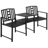 Outsunny Metal Garden Bench with Middle Table and Umbrella Hole, 2-in-1 Double Patio Chairs, Outdoor 2-person Tete-a-Tete, Slatted, Black