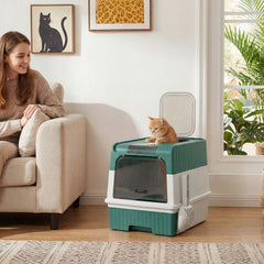 PawHut Cat Litter Box Hooded Cat Litter Tray with Drawer Pan Front Entry & Top Exit Easy Cleaning Teal