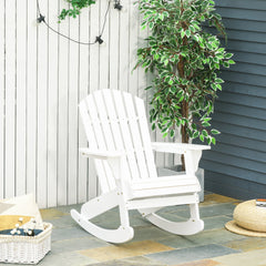Outsunny Wooden Adirondack Rocking Chair Outdoor Lounge Chair Fire Pit Seating with Slatted Wooden Design, Fanned Back, White