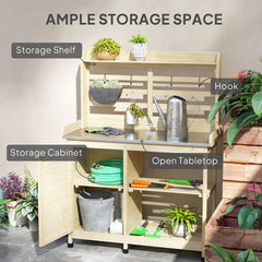 Outsunny Wooden Potting Bench with Storage, Sink, Water Tap for Backyard, Patio, Balcony, Natural