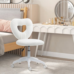HOMCOM Armless Computer Desk Chair, Office Task Chair, Teddy Fleece Heart Makeup Vanity Chair with Swivel Wheels, White