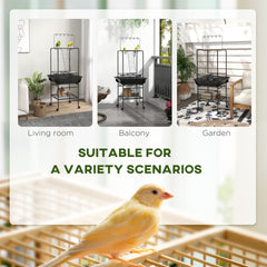 PawHut Bird Stand with Wheels, Perches, Stainless Steel Feed Bowls, Pull-Out Tray for Indoor Outdoor Small Parrot, Dark Gray
