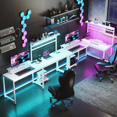 HOMCOM 61.6" L Shaped Gaming Desk with Power Outlets & LED Lights, Computer Desk with Monitor Stand and CPU Shelf, White