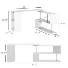 HOMCOM 55" 360° Rotating Corner Computer Desk Modern L-Shaped Home Office Workstation with 3-Tier Storage Shelves, Bookshelf, White