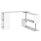 HOMCOM 55" 360° Rotating Corner Computer Desk Modern L-Shaped Home Office Workstation with 3-Tier Storage Shelves, Bookshelf, White