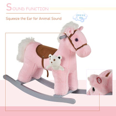 Qaba Kids Rocking Horse with Bear Toy, Plush Animal Rocker with Fun Realistic Sounds for Toddler 18-36 Months, Pink