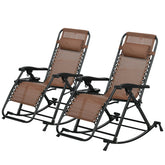 Outsunny 2 Outdoor Rocking Chairs Foldable Reclining Zero Gravity Lounge Rockers w/ Pillow Cup & Phone Holder, Brown