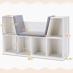 HOMCOM 6-Cubby Kids Bookcase with Reading Nook and Cushion, Multi-Purpose Storage Organizer for Bedroom, Living Room, Pure White