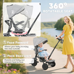 Qaba 6 in 1 Kids Tricycle with Adjustable Push Handle, Removable Canopy, Reversible Seat, for 1-5 Years, Gray