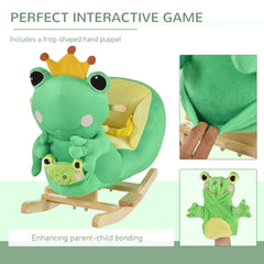 Qaba Kids Ride-On Rocking Horse Toy Frog Style Rocker with Fun Music, Seat Belt & Soft Plush Fabric Hand Puppet for Children 18-36 Months