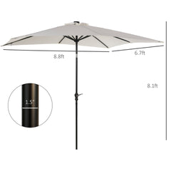 Outsunny 9' x 7' Patio Umbrella Outdoor Table Market Umbrella with Crank, Solar LED Lights, 45° Tilt, Push-Button Operation, for Deck, Backyard, Pool and Lawn, White