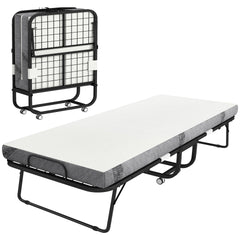 HOMCOM Folding Bed with Mattress for Adults, Long Twin Size, Portable Foldable Bed with 4" Foam Mattress & Space-Saving Steel Frame, 79" x 35", Fold Up, Roll Away & Hideaway, White