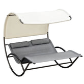 Outsunny Outdoor Double Chaise Rocking Chair, Day Bed Sun Lounger with Canopy Shade, Headrest Pillow, Armrests for Garden, Poolside, Light Gray