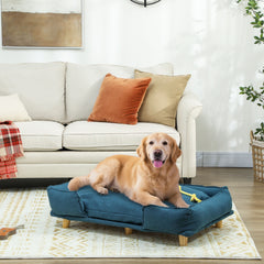 PawHut Raised Dog Couch with Comfortable Cushion, Pine Wood Legs, Foot Pads for Large-Sized Dogs Indoor Use, Dark Blue