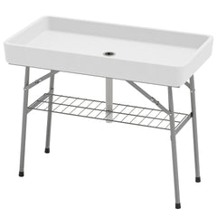 Outsunny 3.4ft Folding Ice Cooler Table with Drain, Fill and Chill Table Outdoor Table Cooler with Storage Shelf, Drink Cooler for Parties Picnic BBQ Camping Wedding, White