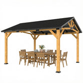 Outsunny 13' x 11' Hardtop Gazebo Canopy with Galvanised Metal Roof, Fir Wood Frame and Central Hook for Patio, Black Gray