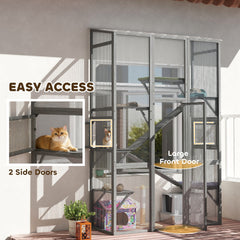 PawHut Outdoor Catio Cat Enclosure, Large Wooden Cat House with 6 Jumping Platforms, Scratching Post, 2 Ramps, for 2-3 Kittens