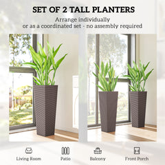 Outsunny 32 Inch Tall Planters for Outdoor Plants, Set of 2 Plastic Flower Pots with Drainage Holes, Brown