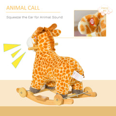 Qaba Rocking Horse, 2 in 1 Kids Ride on Horse, Rolling Giraffe Animal Rocker with Sound, Wooden Base, Pedal, Grip Handle, Plush Riding Pony for 3-6 Years Old, Yellow