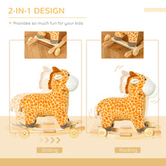Qaba Rocking Horse, 2 in 1 Kids Ride on Horse, Rolling Giraffe Animal Rocker with Sound, Wooden Base, Pedal, Grip Handle, Plush Riding Pony for 3-6 Years Old, Yellow