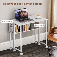 HOMCOM Folding Computer Desk, Foldable Desk with Storage Bag, Shelf and Wheels for Small Spaces, Home Office, White