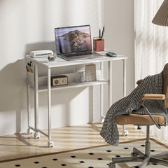 HOMCOM Folding Computer Desk, Foldable Desk with Storage Bag, Shelf and Wheels for Small Spaces, Home Office, White
