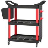 HOMCOM 3-Tier Rolling Tool Cart, 200 LBS Capacity Plastic Utility Cart with Side Shelf and Storage Bucket, Black & Red
