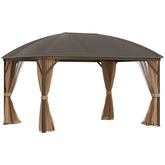Outsunny 10' x 13' Hardtop Gazebo with Curtains, Netting, Pavilion with Steel Roof Ceiling Hook for Garden Patio, Brown