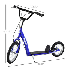 Aosom Youth Scooter Kick Scooter for Kids 5+ with Adjustable Handlebar 16" Front and 12" Rear Dual Brakes Inflatable Wheels, Blue