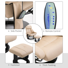HOMCOM 10-Point Massage Recliner Chair, Vibration Massage Sofa with Ottoman Footrest, Faux Leather and Swivel Wood Base for Living Room & Bedroom, Beige