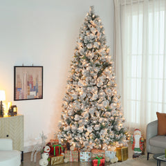 HOMCOM 9 ft Prelit Flocked Artificial Christmas Tree with 750 Clear Lights, 2387 Tips, Metal Stand for Home Office Holiday
