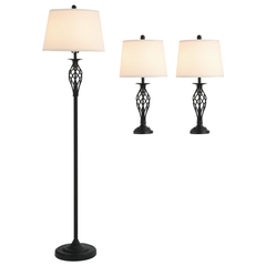HOMCOM 3 Piece Table Floor Lamp Set with Metal Pole, Round Base, and Fabric Lampshade, for Living Room, Black/White