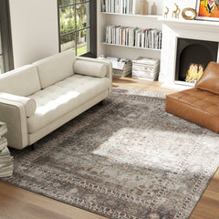 HOMCOM Machine Washable Area Rug 8x10, Non-Slip Traditional Floor Cover Foldable Carpet for Living Room, Dark Mixed-Brown