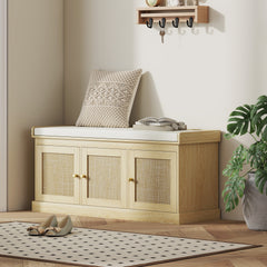 HOMCOM Shoe Storage Bench with Woven Rattan Doors, Shoe Bench with Cushion, Adjustable Shelves, Entryway Bench, Oak Tone