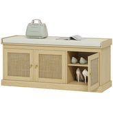 HOMCOM Shoe Storage Bench with Woven Rattan Doors, Shoe Bench with Cushion, Adjustable Shelves, Entryway Bench, Oak Tone
