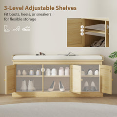 HOMCOM Shoe Storage Bench with Woven Rattan Doors, Shoe Bench with Cushion, Adjustable Shelves, Entryway Bench, Oak Tone