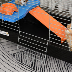 PawHut 35"L Small Animal Cage with Food Dish, Water Bottle, Hay Feeder, Platform, Ramp for Chinchilla, Black