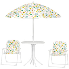 Qaba Kids Picnic Table and Chair Set, Outdoor Activity Table with Foldable Chairs, Removable Umbrella for Backyard, White