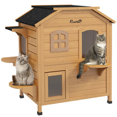 PawHut 2-story Cat House Outdoor, Weatherproof Wooden Cat Enclosure for Feral Cats with Escape Door, Openable Roof, Jumping Platforms, Natural