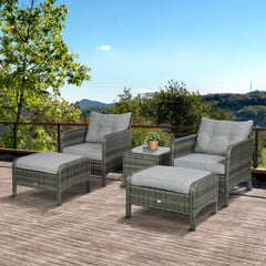 Outsunny 5 Pieces Rattan Wicker Lounge Chair Outdoor Patio Conversation Set with 2 Cushioned Chairs, 2 Ottomans and Tempered Glass Top Coffee Table, Gray/Light Gray