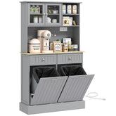 HOMCOM Kitchen Cabinet with Charging Station, 2 Tilt Out Cabinets, Microwave Stand, Freestanding Kitchen Pantry Cabinet, Gray